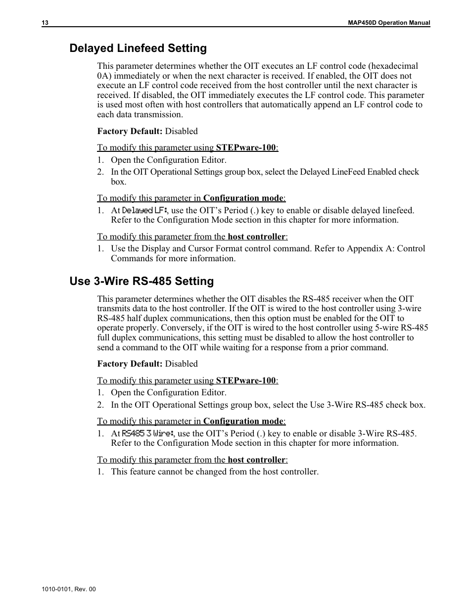 De layed line feed set ting 13, Use 3-wire rs-485 set ting 13, Wire rs-485 setting 13 | Delayed linefeed setting 13, Delayed linefeed setting, Use 3-wire rs-485 setting | Maple Systems MAP450D User Manual | Page 14 / 46