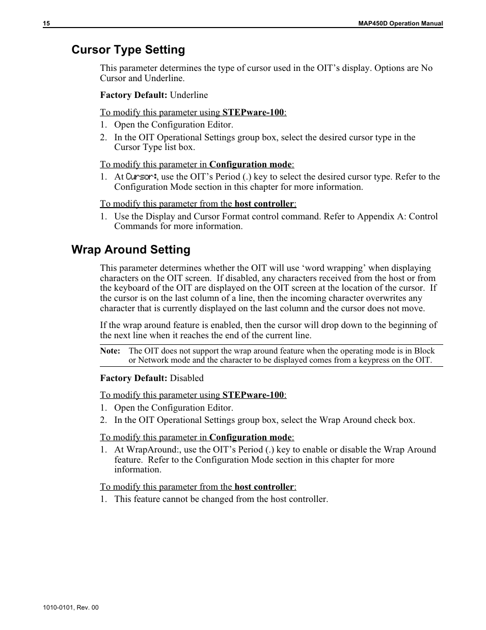 Cur sor type set ting 15, Wrap around set ting 15, Cursor type setting 15 | Wrap around setting 15, Cursor type setting, Wrap around setting | Maple Systems MAP450D User Manual | Page 16 / 46
