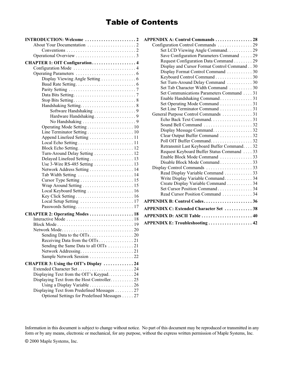 Ta ble of con tents, Baud rate, Block echo | Command terminator, Cursor, Data bits, Handshaking, Keyboard, Keyboard input buffer, Keyboard output buffer | Maple Systems MAP450D User Manual | Page 2 / 46