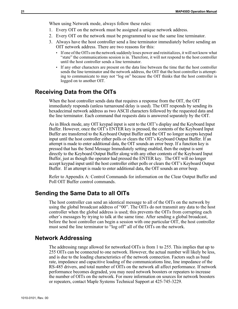 Re ceiving data from the oits 21, Sending the same data to all oits 21, Net work ad dressing 21 | In network mode 21, Addressing 21, Global broadcast 21, Keyboard input buffer 21, Keyboard output buffer 21, Receiving data from the oits, Sending the same data to all oits | Maple Systems MAP450D User Manual | Page 22 / 46