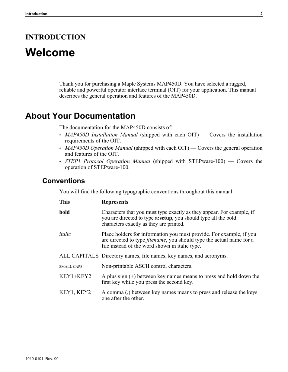 In tro duc tion: wel come 2, About your doc u men ta tion 2, Con ven tions 2 | Welcome, About your documentation, Introduction, Conventions | Maple Systems MAP450D User Manual | Page 3 / 46