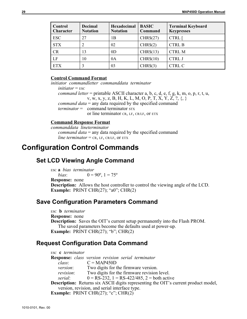 Con fig u ra tion con trol com mands 29, Set lcd viewing an gle com mand 29, Save con fig u ra tion pa ram e ters com mand 29 | Re quest con fig u ra tion data com mand 29, Request configuration data control command 29, Save configuration parameters control command 29, Cr 29, 36, Esc 29, Etx 29, Lf 29, 36 | Maple Systems MAP450D User Manual | Page 30 / 46