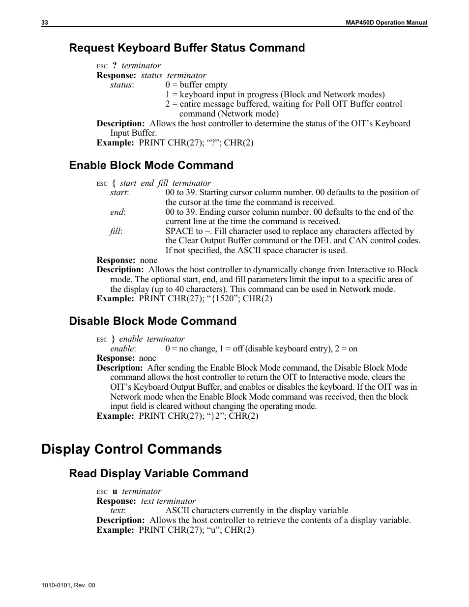 Re quest key board buffer sta tus com mand 33, En able block mode com mand 33, Dis able block mode com mand 33 | Dis play con trol com mands 33, Read dis play vari able com mand 33, Disable block mode control command 33, Enable block mode control command 33, Disable block mode 33, Enable block mode 33, Read display variable 33 | Maple Systems MAP450D User Manual | Page 34 / 46