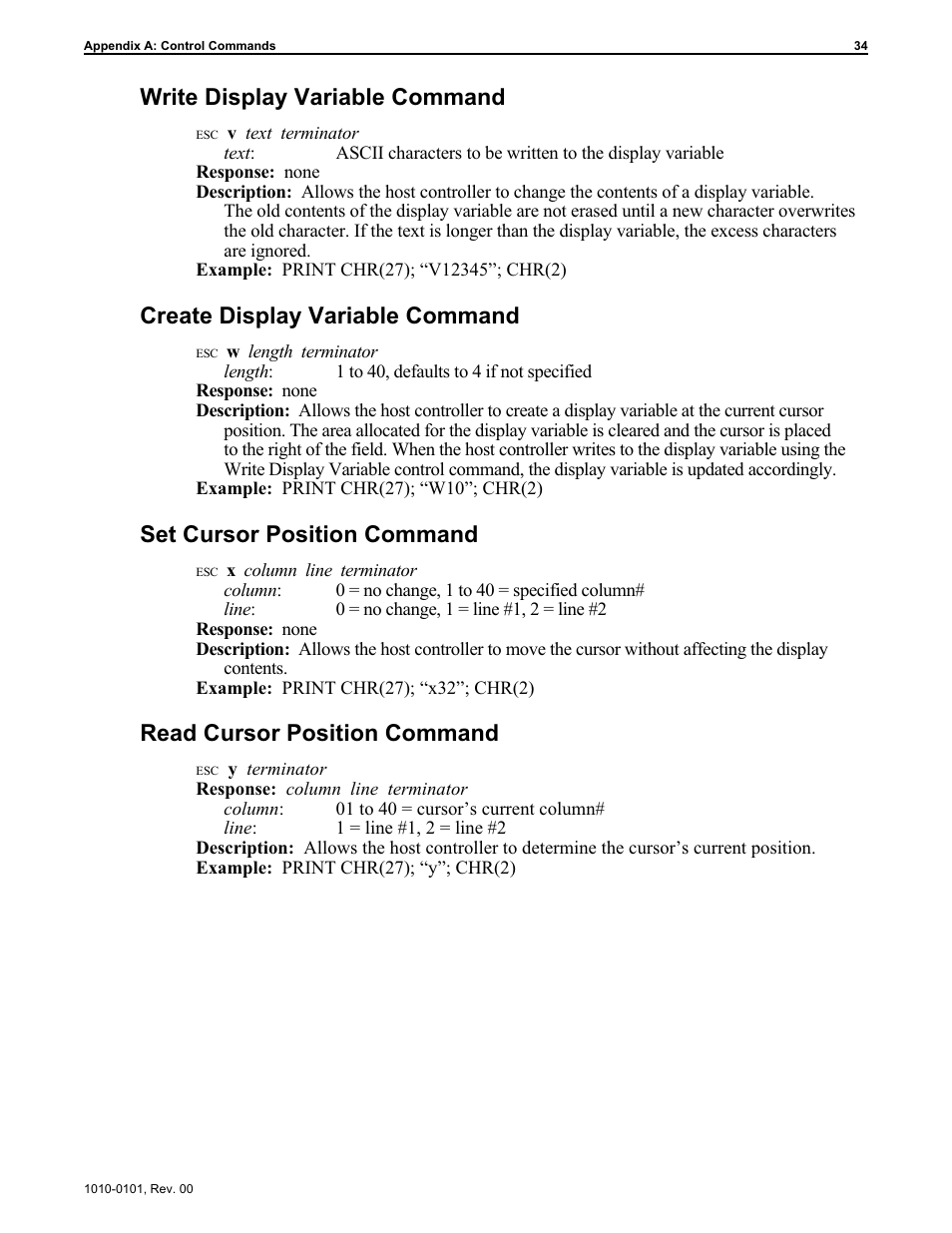 Write dis play vari able com mand 34, Cre ate dis play vari able com mand 34, Set cur sor po si tion com mand 34 | Read cur sor po si tion com mand 34, Create display variable 34, Read cursor position 34, Set cursor position 34, Write display variable 34, Read cursor position control command 34, Set cursor position control command 34 | Maple Systems MAP450D User Manual | Page 35 / 46