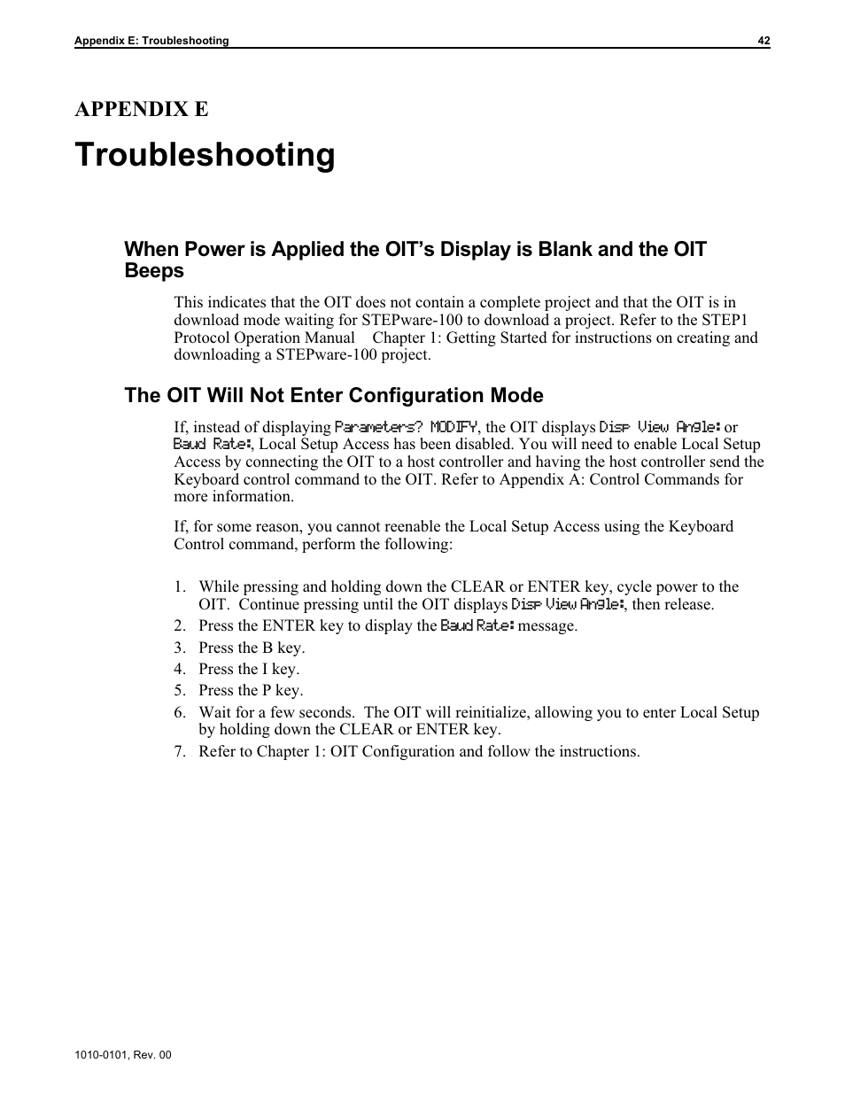Ap pen dix e: trou ble shooting 42, Troubleshooting 42, Troubleshooting | Appendix e, The oit will not enter configuration mode | Maple Systems MAP450D User Manual | Page 43 / 46