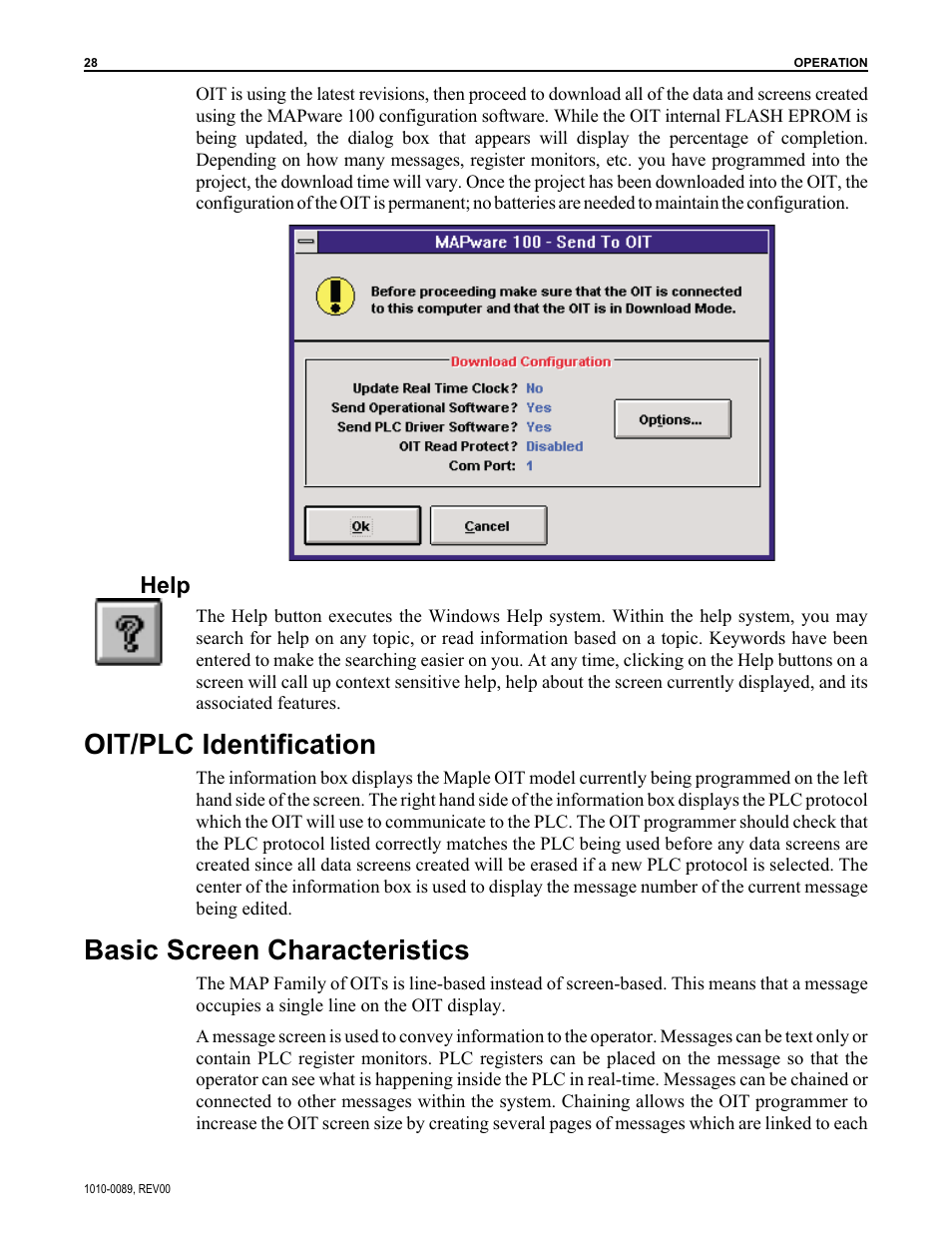 Oit/plc identification, Basic screen characteristics, Help | Maple Systems MAPware-100 User Manual | Page 29 / 34