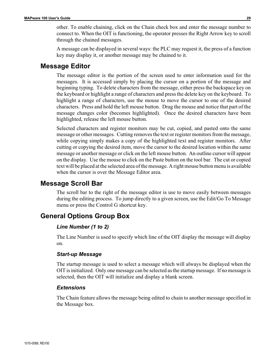 Message editor, Message scroll bar, General options group box | Maple Systems MAPware-100 User Manual | Page 30 / 34