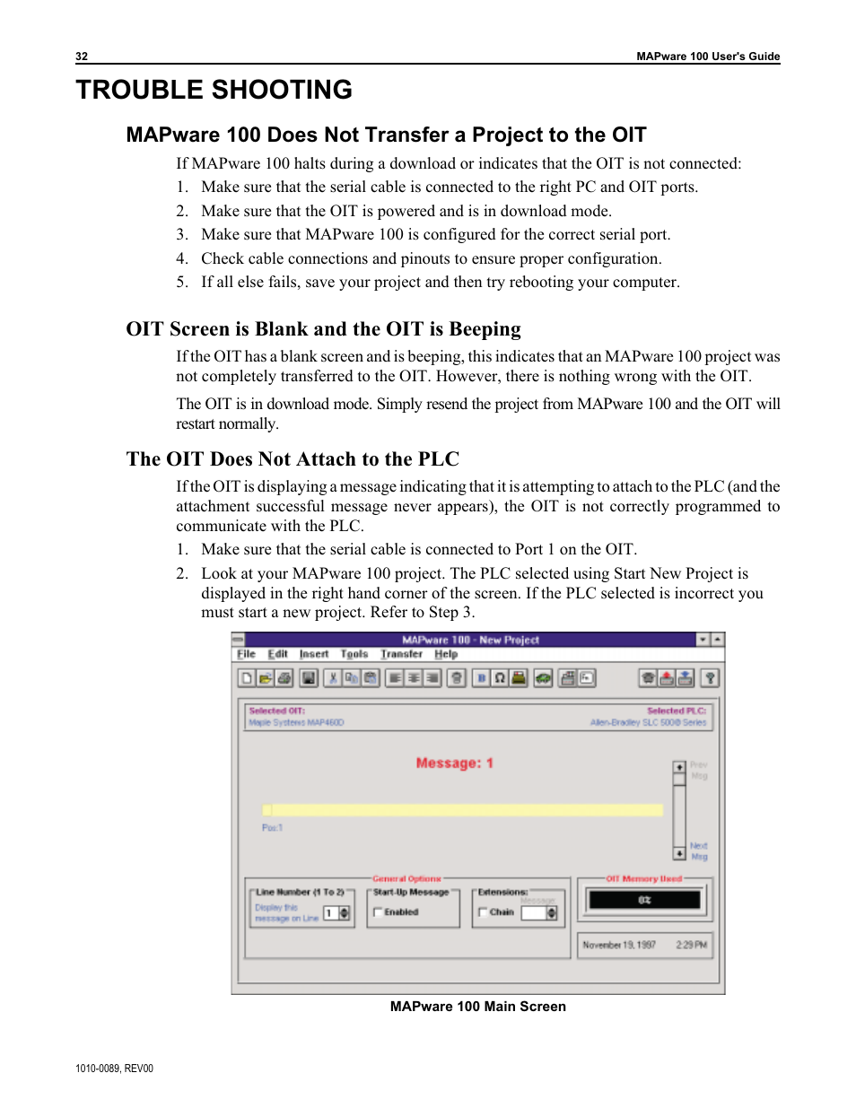 Trouble shooting, Mapware 100 does not transfer a project to the oit, Oit screen is blank and the oit is beeping | The oit does not attach to the plc | Maple Systems MAPware-100 User Manual | Page 33 / 34