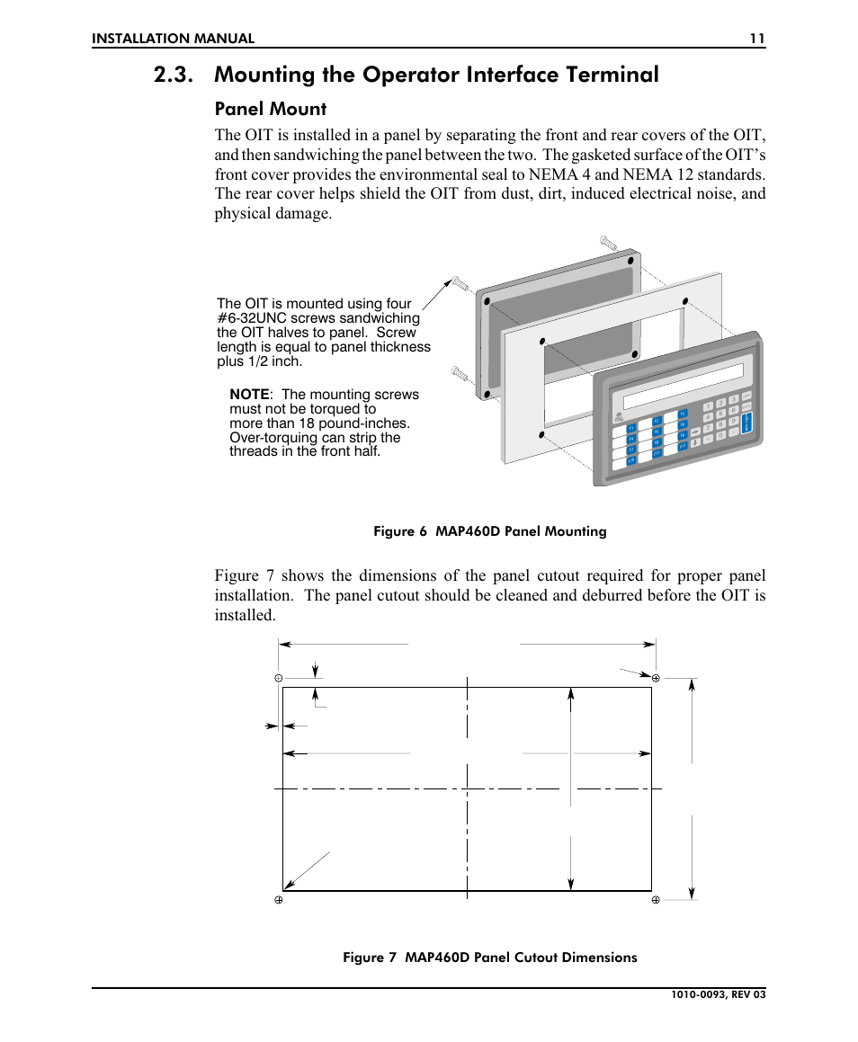 Mounting the operator interface terminal, Front view, Panel mount | Installation manual 11, Figure 6 map460d panel mounting, Figure 7 map460d panel cutout dimensions | Maple Systems MAP460D User Manual | Page 11 / 19