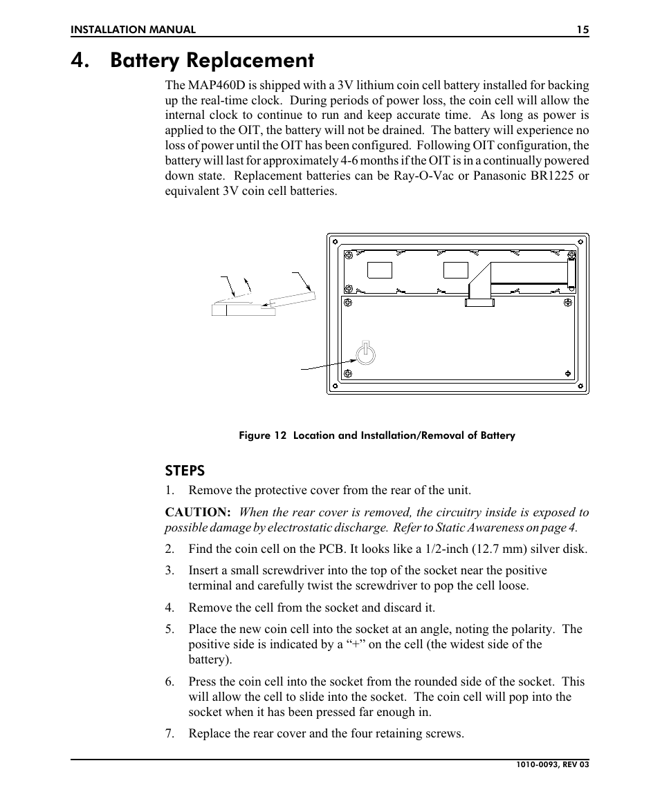 Bat tery re place ment 15, Battery replacement, Battery installation | Maple Systems MAP460D User Manual | Page 15 / 19