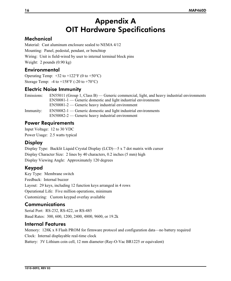 Appendix a: oit hardware specifications, Appendix a oit hardware specifications | Maple Systems MAP460D User Manual | Page 16 / 19