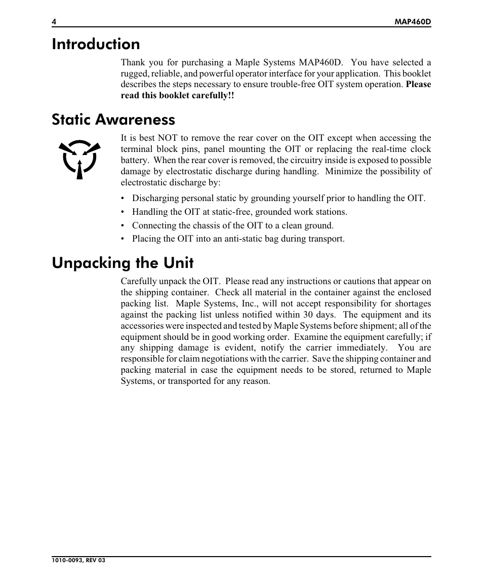 Introduction, Static awareness, Unpacking the unit | Maple Systems MAP460D User Manual | Page 4 / 19