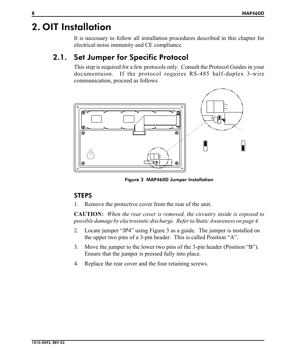 Oit in stal la tion 8, Set jumper for spe cific pro to col 8, Oit installation | Set jumper for specific protocol, Steps | Maple Systems MAP460D User Manual | Page 8 / 19