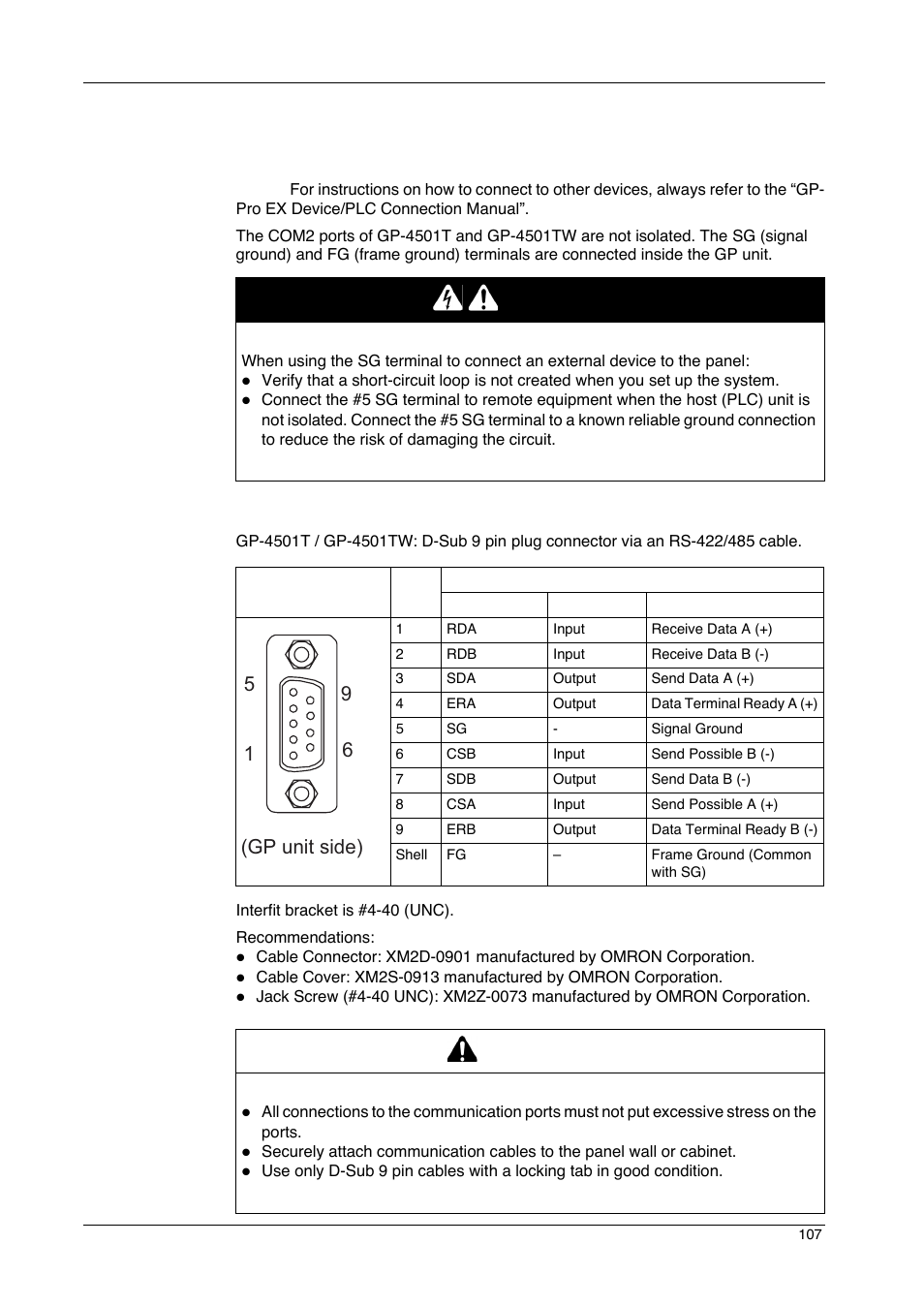 Specifications of serial interface com2, Danger, Caution | 96 5 1 (gp unit side) | Proface GP4600R - 12.1 Standard HMIs with Rear Mounting Options" User Manual | Page 107 / 240