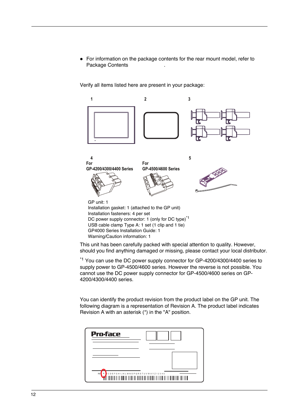 Gp unit package contents | Proface GP4600R - 12.1 Standard HMIs with Rear Mounting Options" User Manual | Page 12 / 240