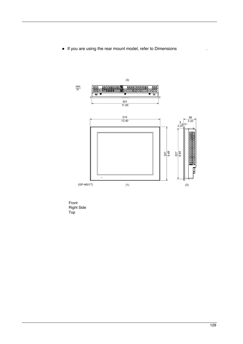 Dimensions | Proface GP4600R - 12.1 Standard HMIs with Rear Mounting Options" User Manual | Page 129 / 240
