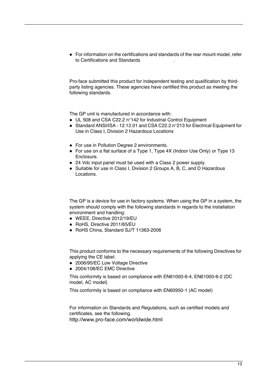 Certifications and standards | Proface GP4600R - 12.1 Standard HMIs with Rear Mounting Options" User Manual | Page 13 / 240