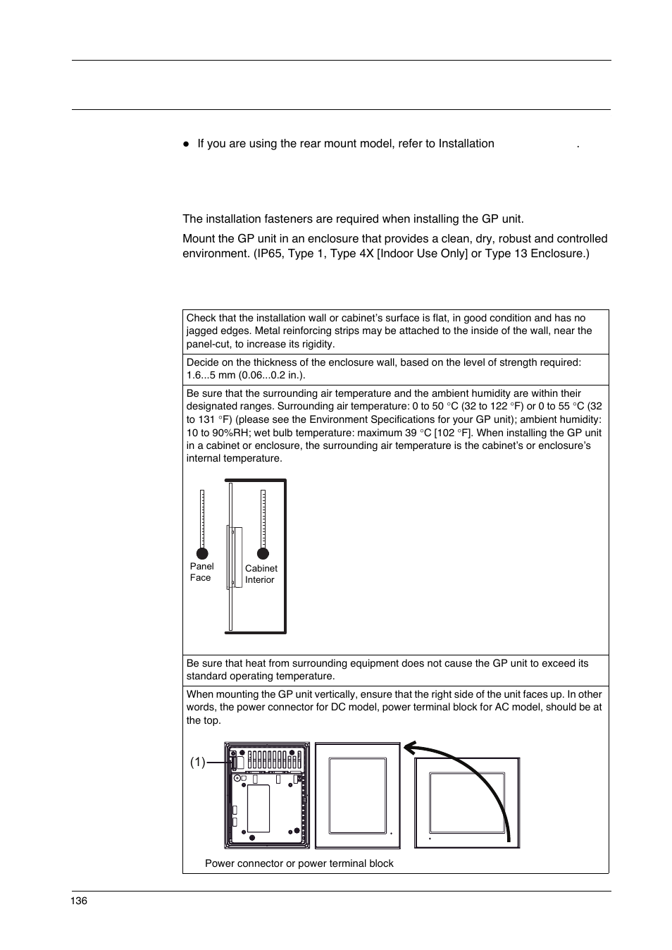 Installation, Installation procedures, 1 installation | Proface GP4600R - 12.1 Standard HMIs with Rear Mounting Options" User Manual | Page 136 / 240