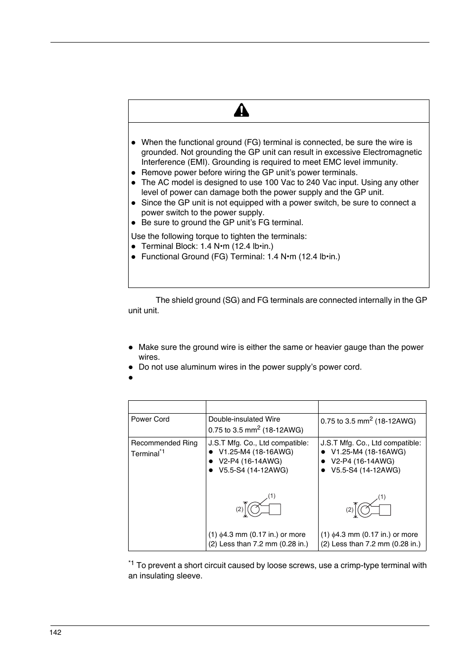 Connecting the ac power cord, Warning | Proface GP4600R - 12.1 Standard HMIs with Rear Mounting Options" User Manual | Page 142 / 240