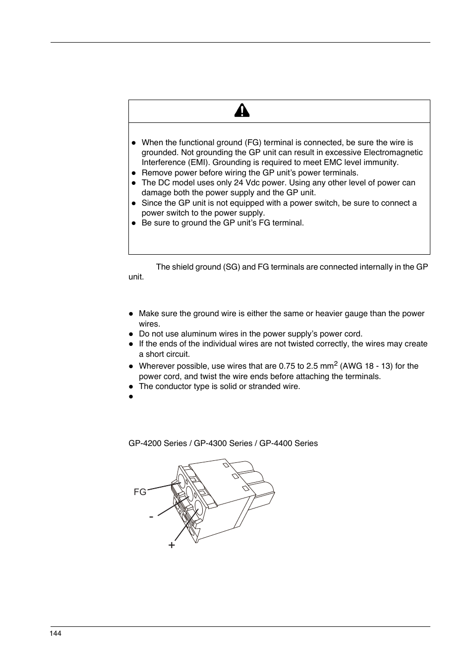 Connecting the dc power cord, Warning | Proface GP4600R - 12.1 Standard HMIs with Rear Mounting Options" User Manual | Page 144 / 240