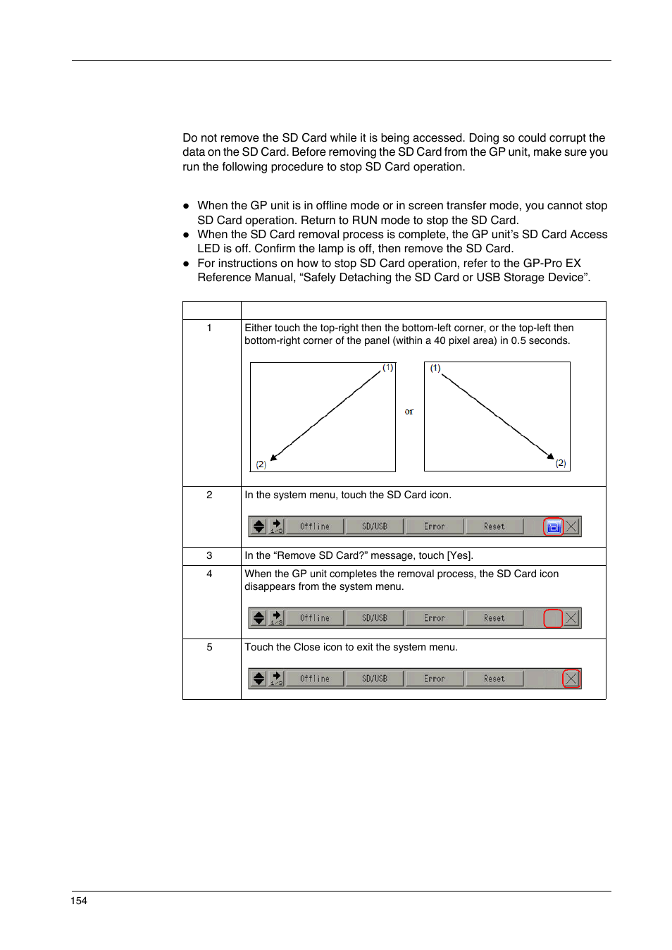 Before removing the sd card | Proface GP4600R - 12.1 Standard HMIs with Rear Mounting Options" User Manual | Page 154 / 240