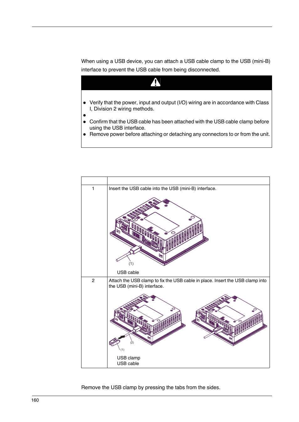 Usb cable clamp for usb (mini-b), Danger | Proface GP4600R - 12.1 Standard HMIs with Rear Mounting Options" User Manual | Page 160 / 240