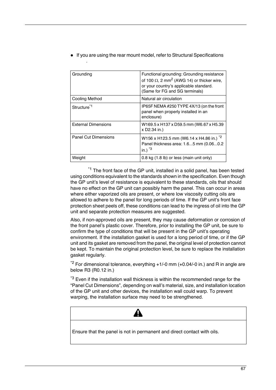 Structural specifications, Caution | Proface GP4600R - 12.1 Standard HMIs with Rear Mounting Options" User Manual | Page 67 / 240