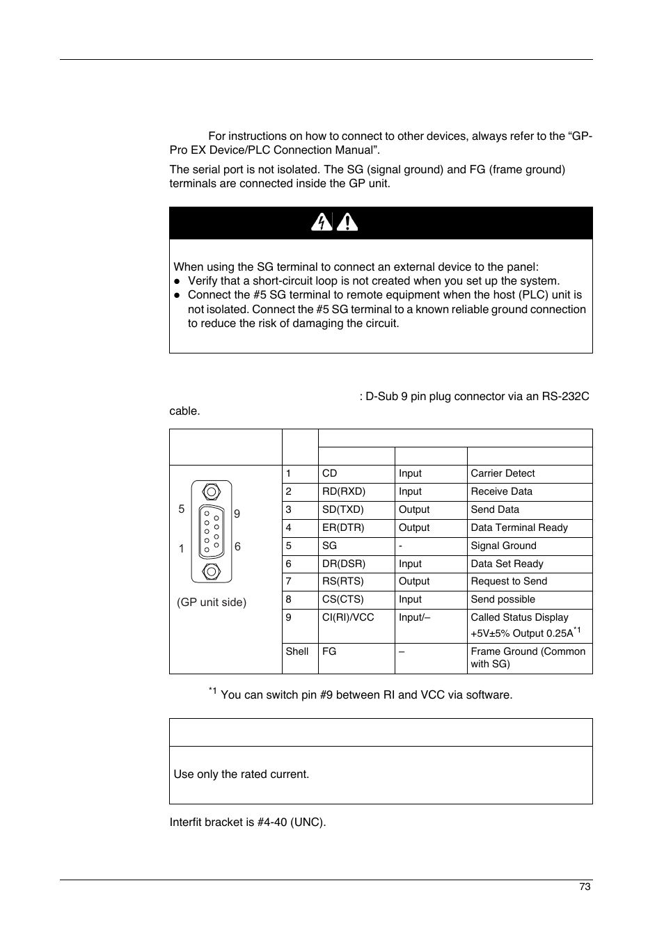 Specifications of serial interface com1, Danger, Notice | Proface GP4600R - 12.1 Standard HMIs with Rear Mounting Options" User Manual | Page 73 / 240