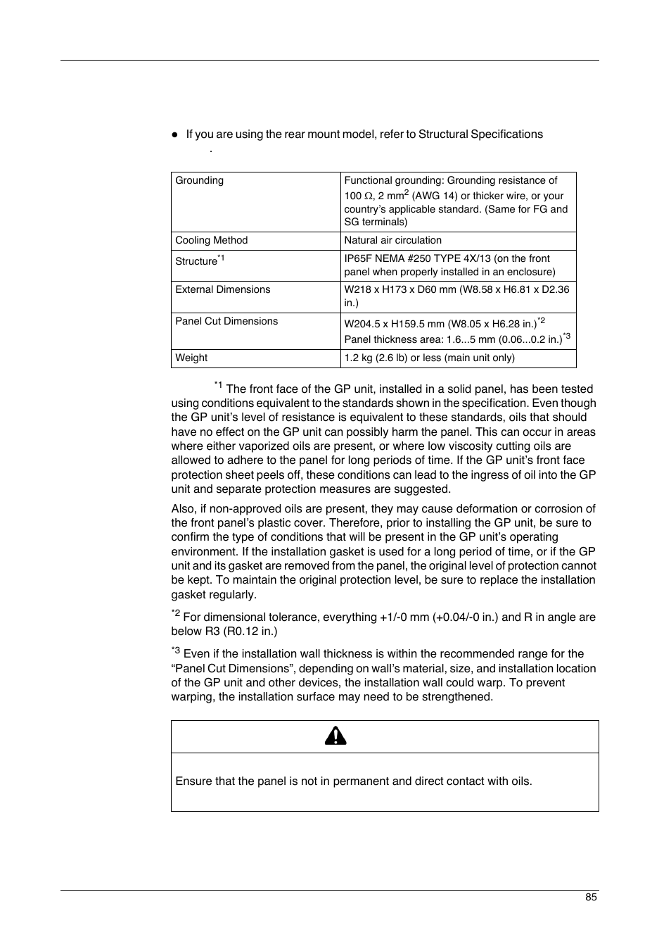 Structural specifications, Caution | Proface GP4600R - 12.1 Standard HMIs with Rear Mounting Options" User Manual | Page 85 / 240