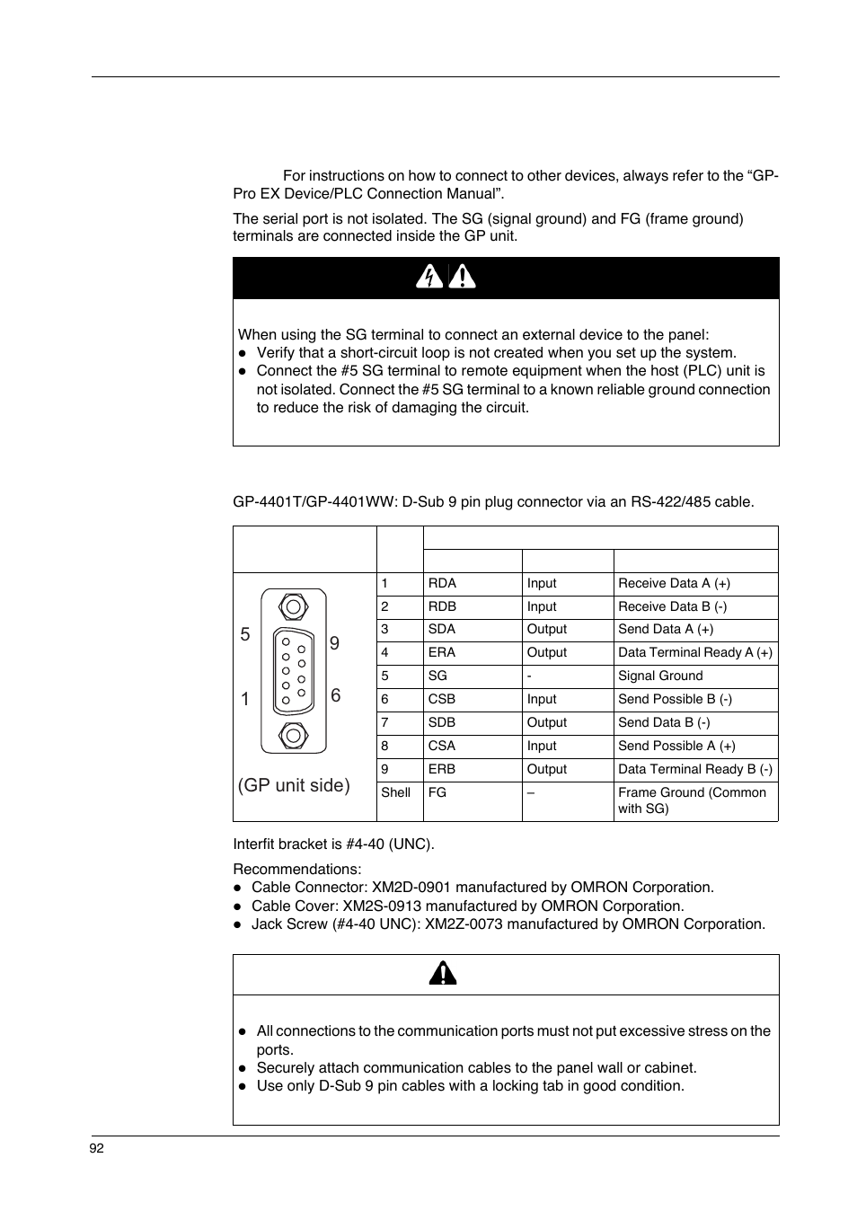 Specifications of serial interface com2, Danger, Caution | 96 5 1 (gp unit side) | Proface GP4600R - 12.1 Standard HMIs with Rear Mounting Options" User Manual | Page 92 / 240