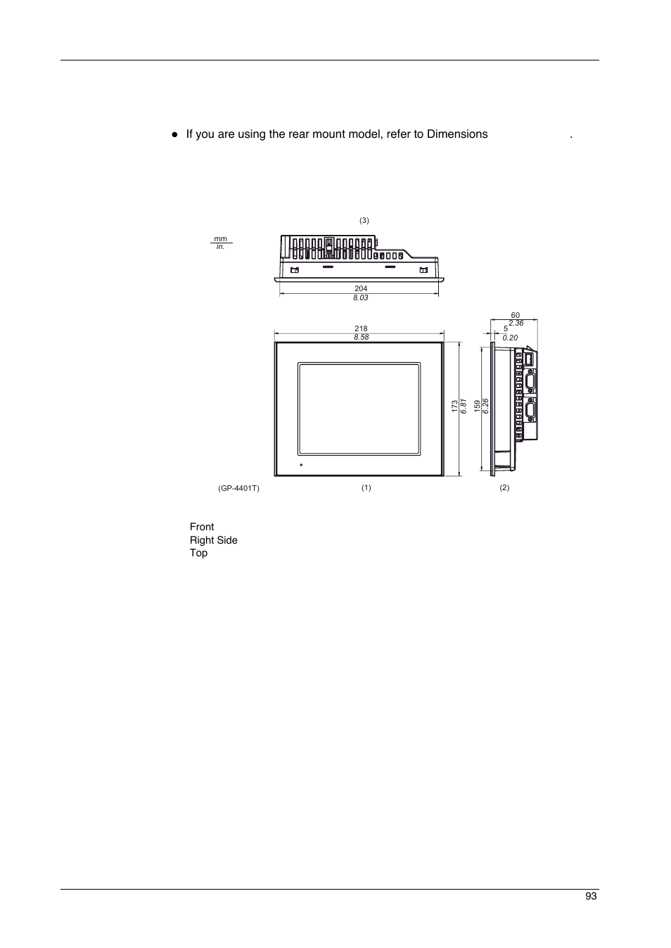 Dimensions | Proface GP4600R - 12.1 Standard HMIs with Rear Mounting Options" User Manual | Page 93 / 240