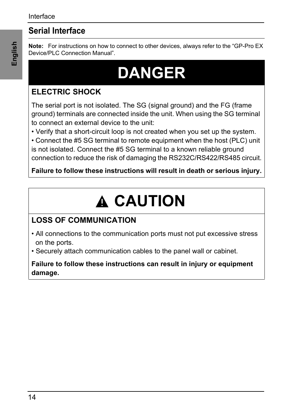 Interface, Serial interface, Danger | Caution | Proface GP4600R - 12.1 Standard HMIs with Rear Mounting Options" User Manual | Page 13 / 36