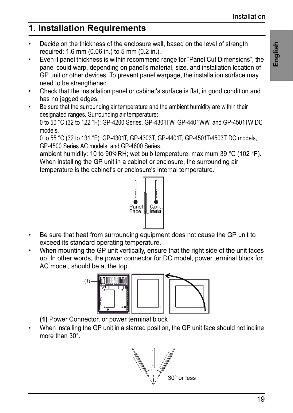 Installation, Installation requirements | Proface GP4600R - 12.1 Standard HMIs with Rear Mounting Options" User Manual | Page 18 / 36
