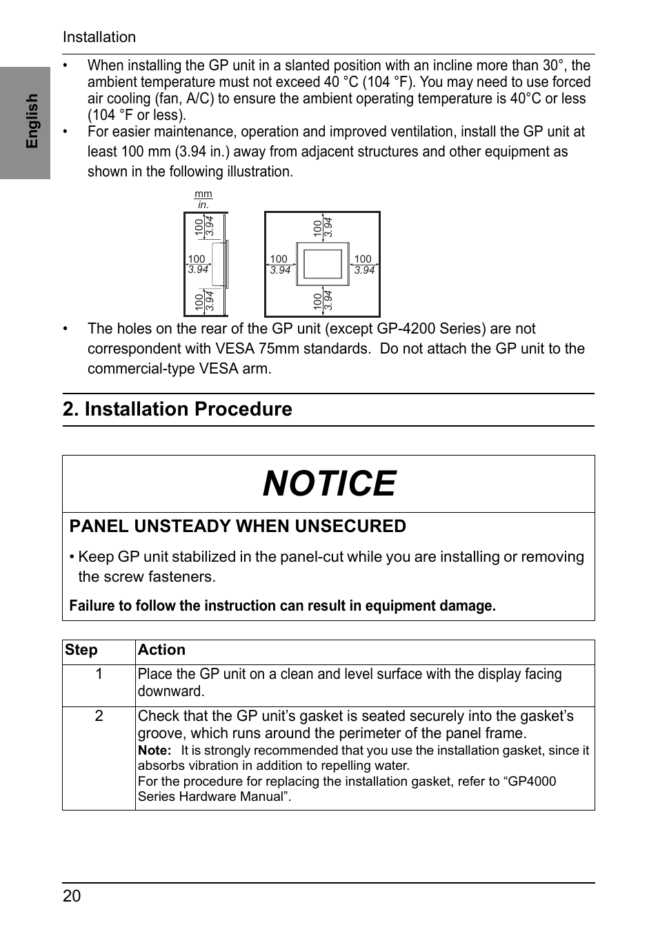 Installation procedure, Notice, Panel unsteady when unsecured | Proface GP4600R - 12.1 Standard HMIs with Rear Mounting Options" User Manual | Page 19 / 36