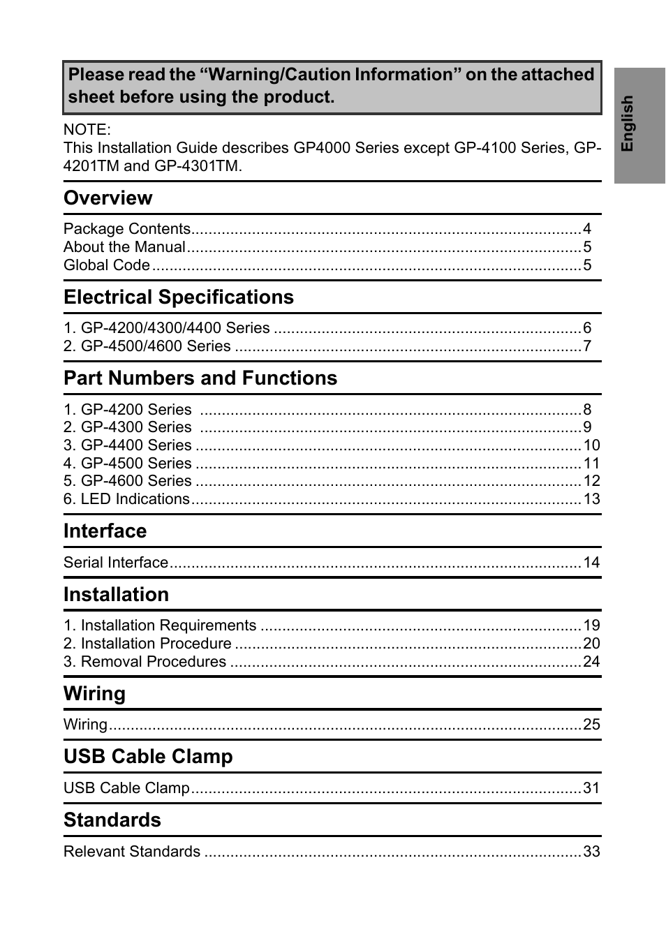 Gp4000 series installation guide, Overview, Electrical specifications | Part numbers and functions, Interface, Installation, Wiring, Usb cable clamp, Standards | Proface GP4600R - 12.1 Standard HMIs with Rear Mounting Options" User Manual | Page 2 / 36