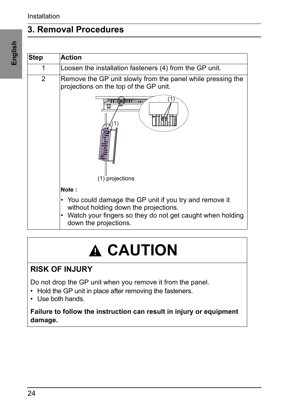 Removal procedures, Caution | Proface GP4600R - 12.1 Standard HMIs with Rear Mounting Options" User Manual | Page 23 / 36