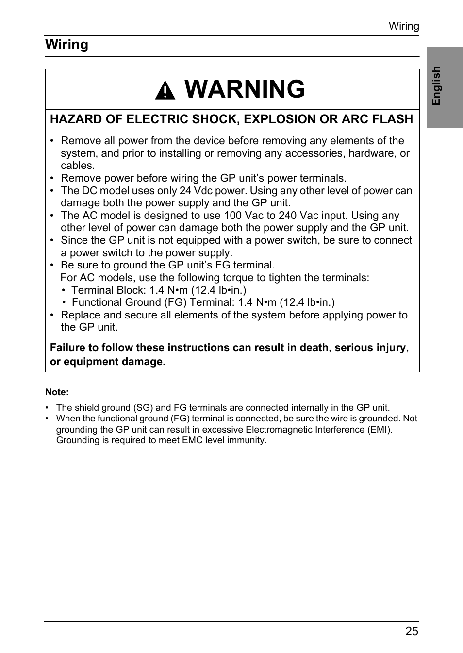 Wiring, Warning | Proface GP4600R - 12.1 Standard HMIs with Rear Mounting Options" User Manual | Page 24 / 36
