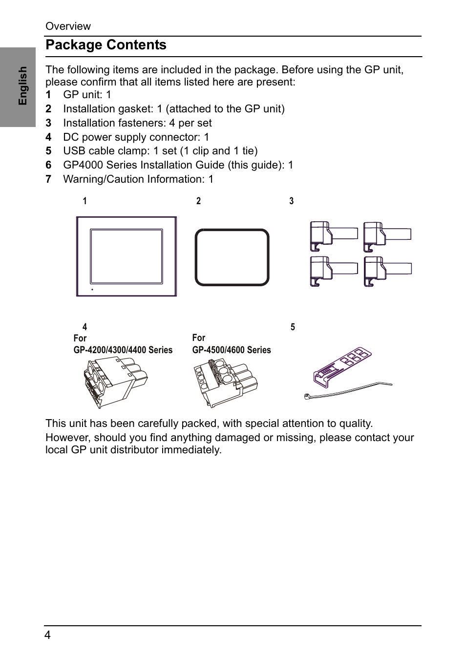 Overview, Package contents | Proface GP4600R - 12.1 Standard HMIs with Rear Mounting Options" User Manual | Page 3 / 36