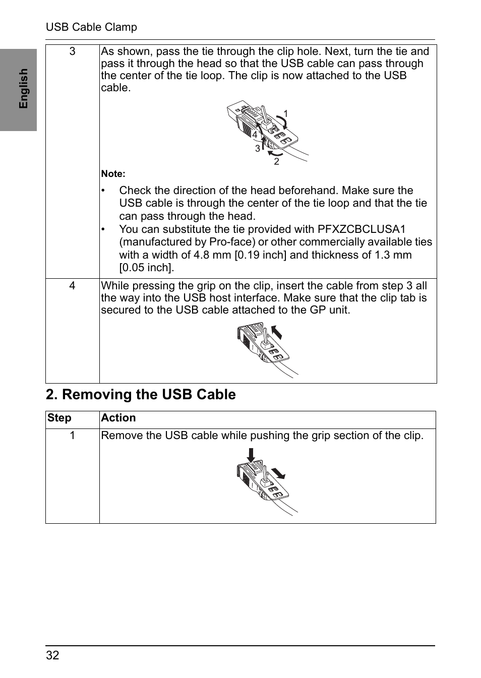 Removing the usb cable | Proface GP4600R - 12.1 Standard HMIs with Rear Mounting Options" User Manual | Page 31 / 36