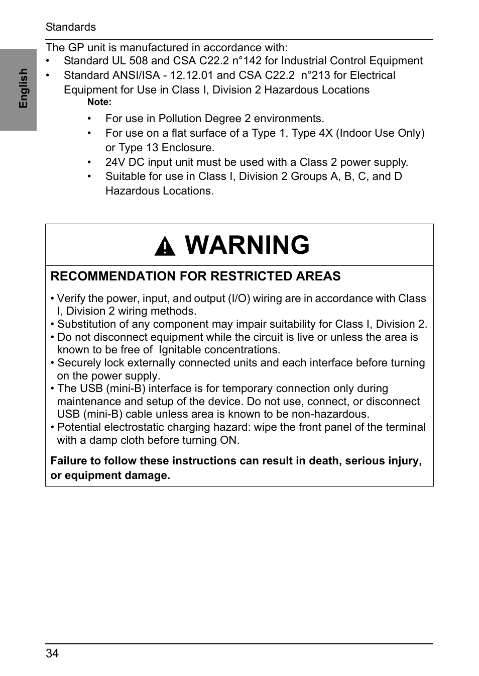 Warning | Proface GP4600R - 12.1 Standard HMIs with Rear Mounting Options" User Manual | Page 33 / 36