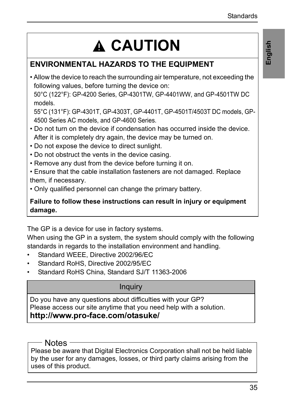 Caution | Proface GP4600R - 12.1 Standard HMIs with Rear Mounting Options" User Manual | Page 34 / 36