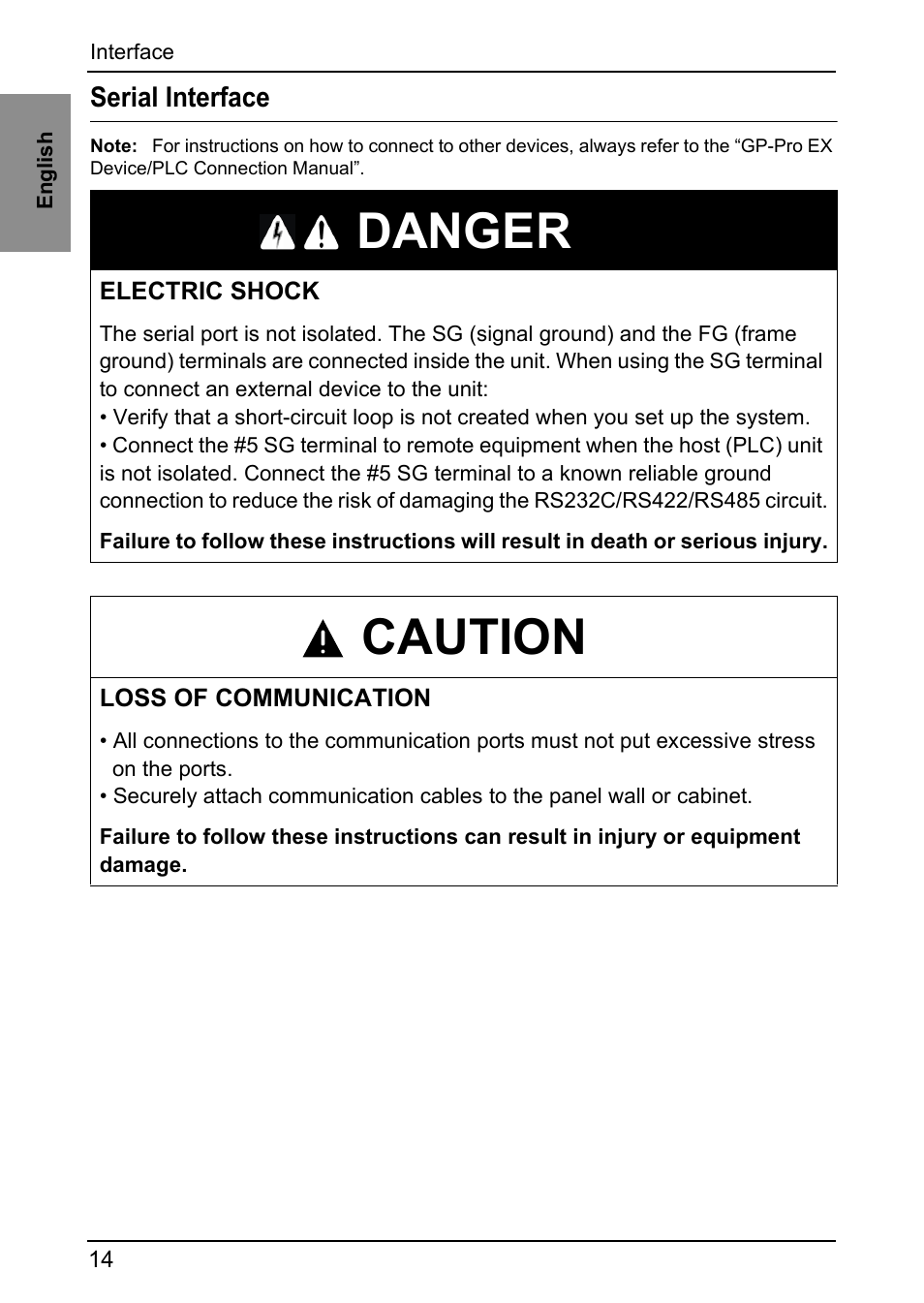 Interface, Serial interface, Danger | Caution | Proface GP4600R - 12.1 Standard HMIs with Rear Mounting Options" User Manual | Page 12 / 48