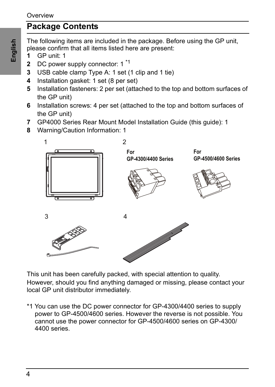Overview, Package contents | Proface GP4600R - 12.1 Standard HMIs with Rear Mounting Options" User Manual | Page 2 / 48