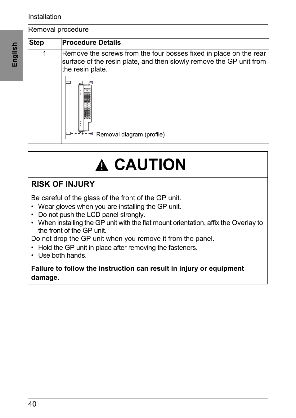 Caution | Proface GP4600R - 12.1 Standard HMIs with Rear Mounting Options" User Manual | Page 38 / 48