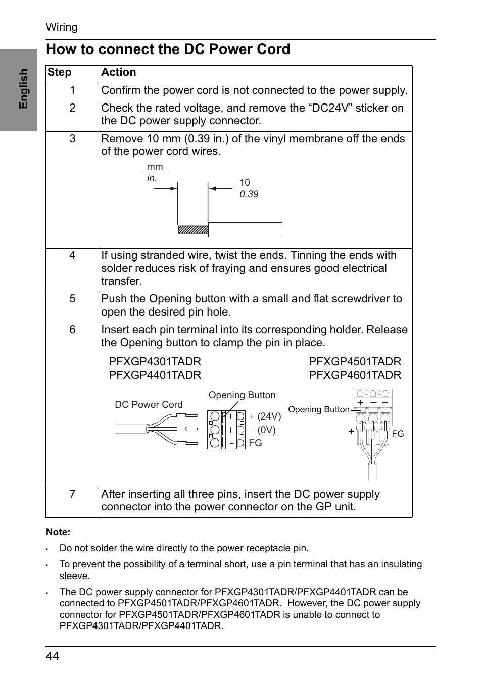 How to connect the dc power cord | Proface GP4600R - 12.1 Standard HMIs with Rear Mounting Options" User Manual | Page 42 / 48