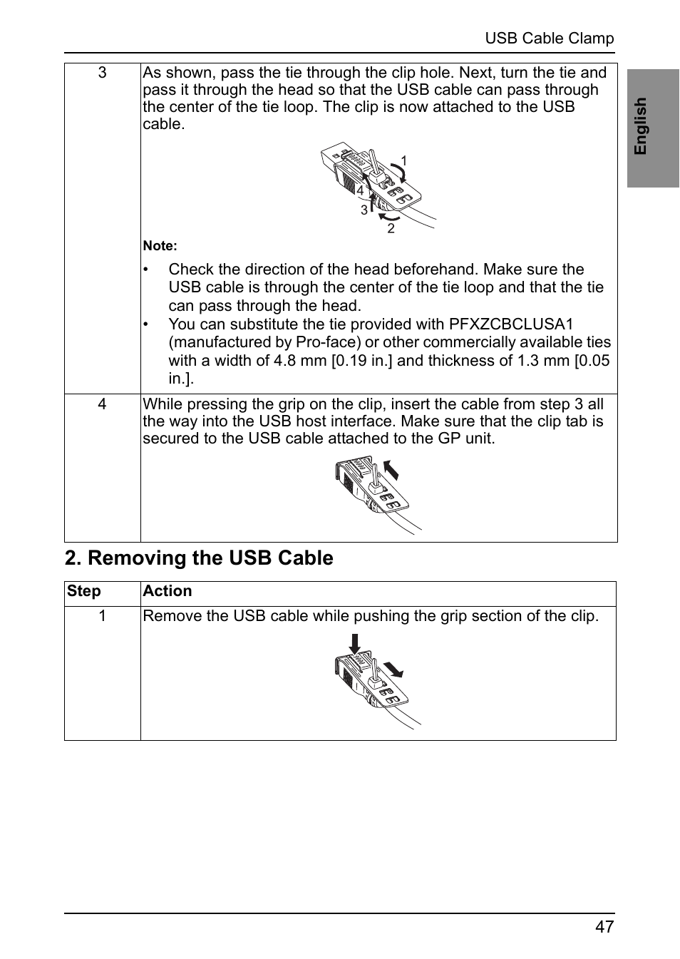 Removing the usb cable | Proface GP4600R - 12.1 Standard HMIs with Rear Mounting Options" User Manual | Page 45 / 48