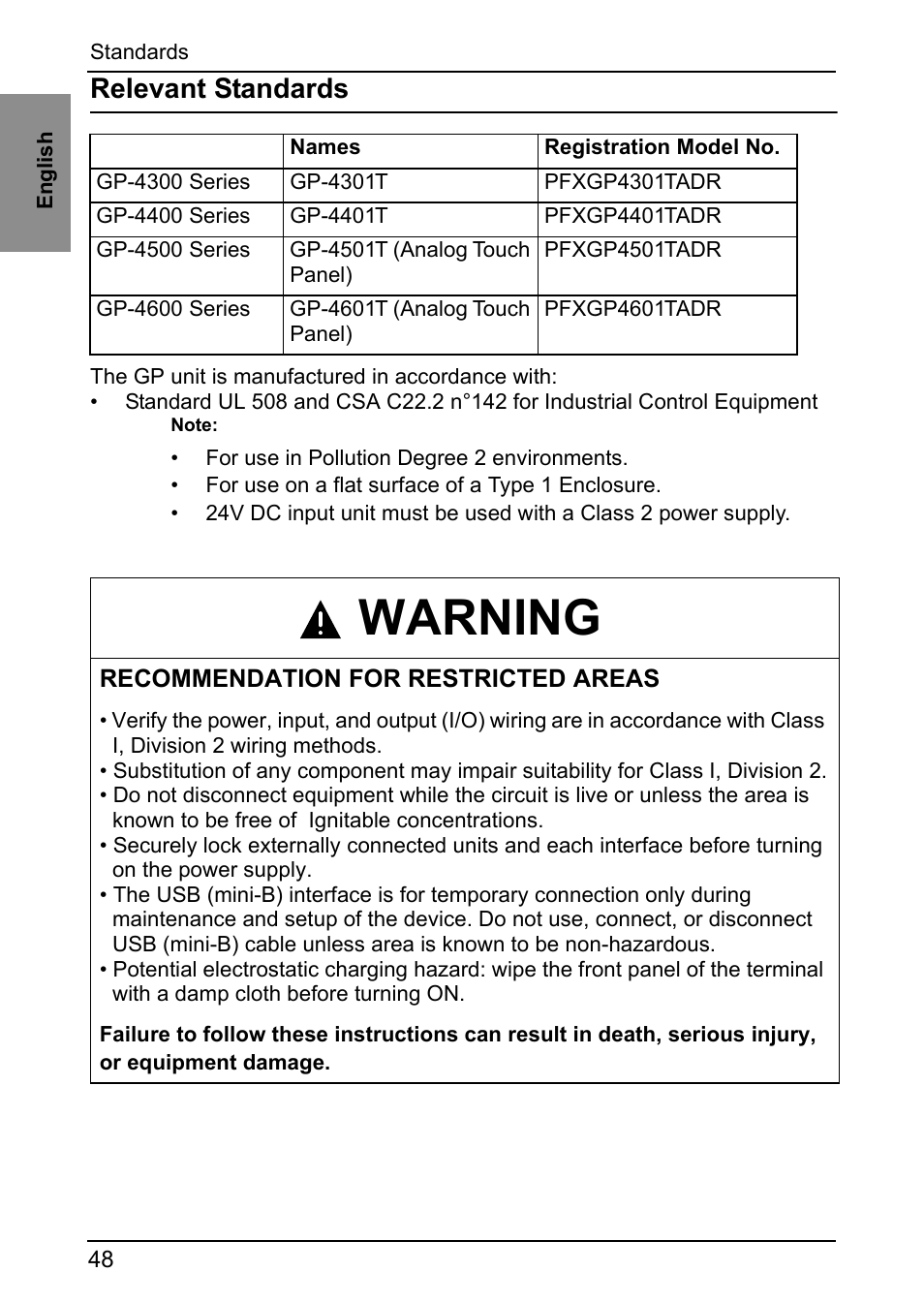 Standards, Relevant standards, Warning | Proface GP4600R - 12.1 Standard HMIs with Rear Mounting Options" User Manual | Page 46 / 48