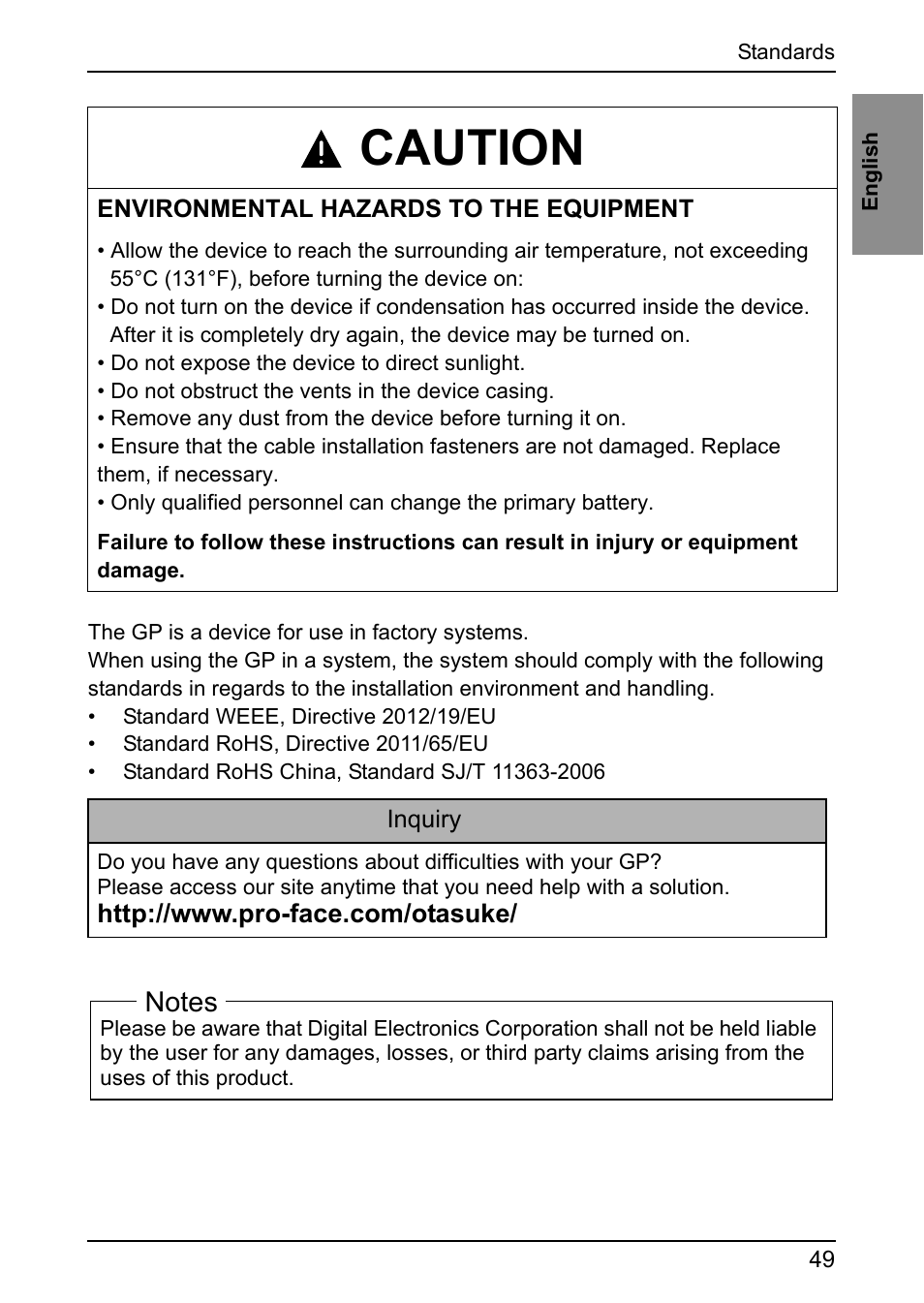 Caution | Proface GP4600R - 12.1 Standard HMIs with Rear Mounting Options" User Manual | Page 47 / 48