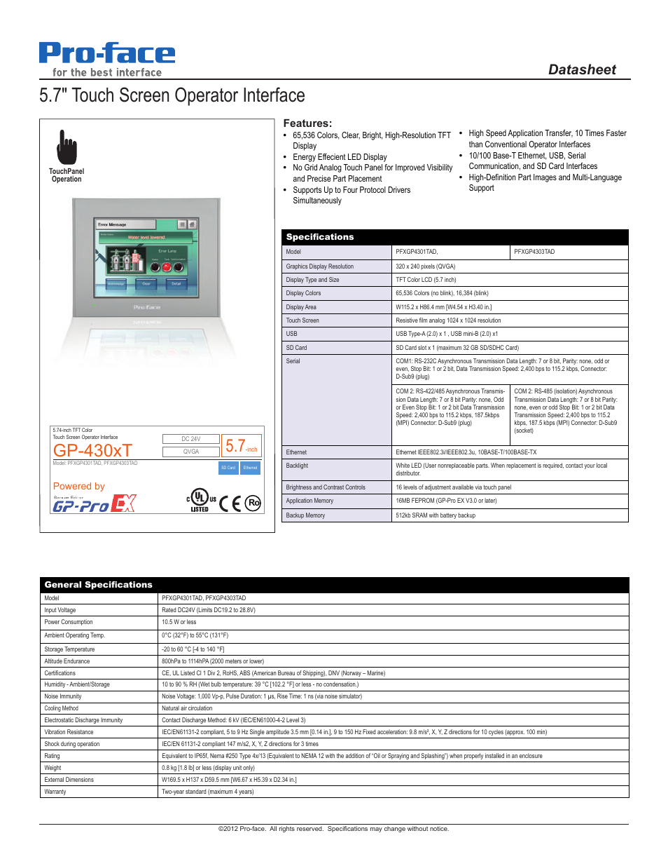 Proface GP4600 - 12.1 Standard HMIs" User Manual | 2 pages