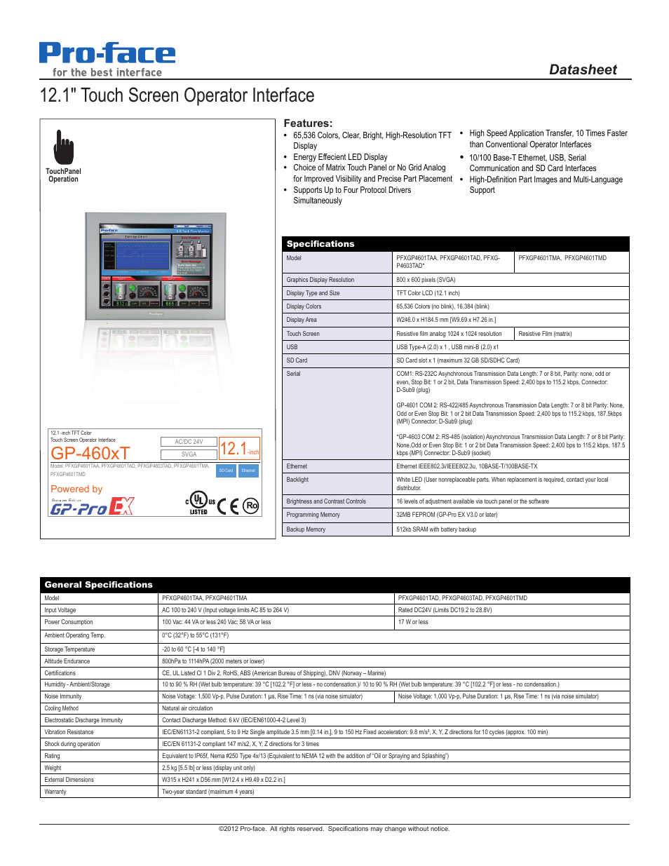 Proface GP4600 - 12.1 Standard HMIs" User Manual | 2 pages